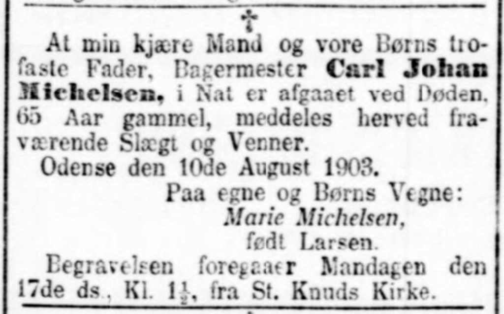 The death notice for Michelsen's father, Carl Johan Michelsen.